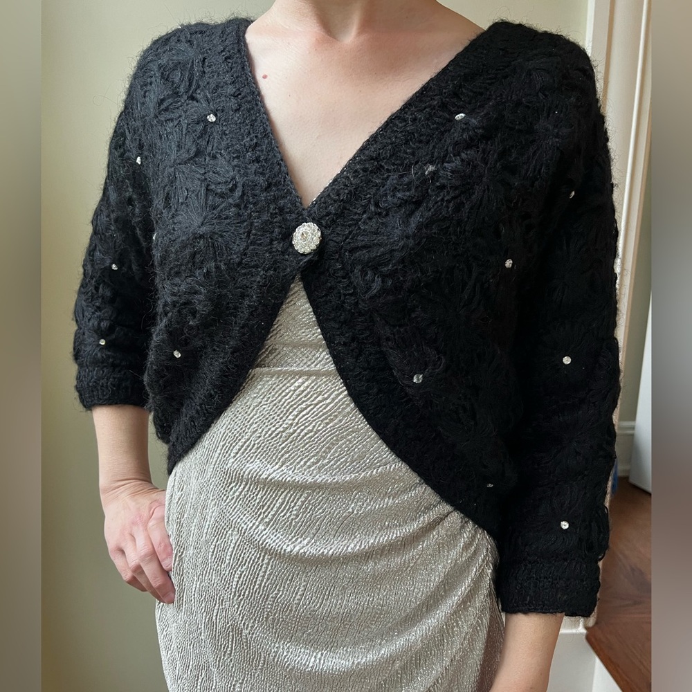 CHARLOTTE‎ Mohair Blend Black Cropped Shrug Cardigan Sweater Old Money Beaded S